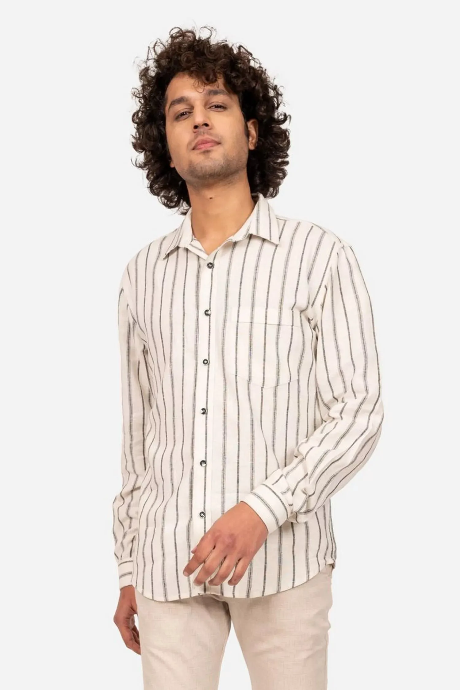 Off White And Black Striped Linen Shirt