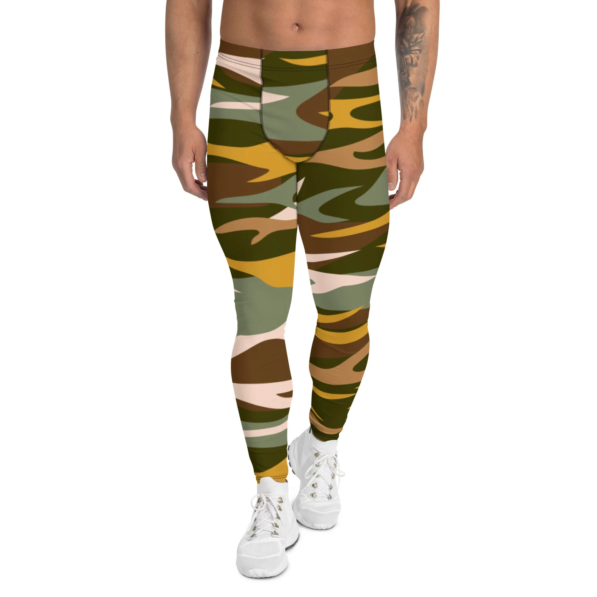 Orange Green Camo Men's Leggings, Army Camouflage Premium Quality Meggings Running Tights-Made in USA/EU/MX