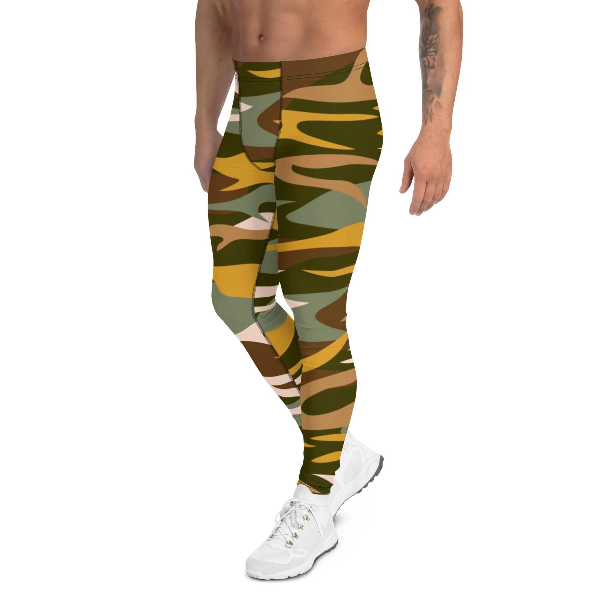 Orange Green Camo Men's Leggings, Army Camouflage Premium Quality Meggings Running Tights-Made in USA/EU/MX