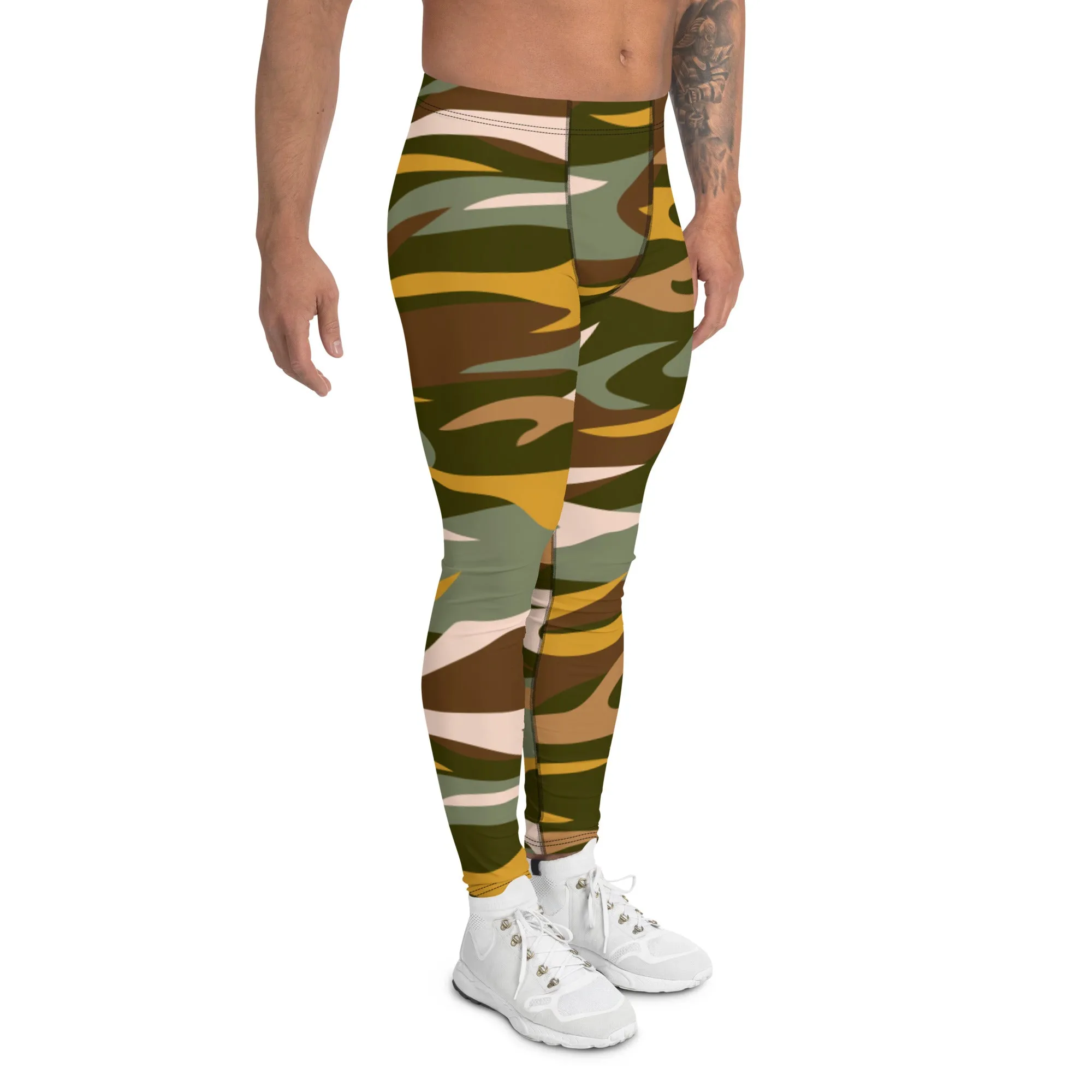 Orange Green Camo Men's Leggings, Army Camouflage Premium Quality Meggings Running Tights-Made in USA/EU/MX