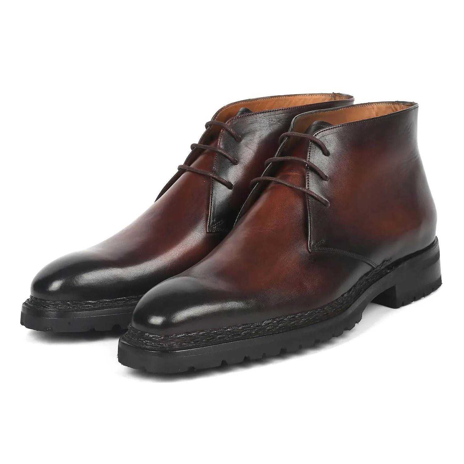 Paul Parkman 8504-BRW Men's Shoes Brown Calf-Skin Leather Norwegian Welted Chukka Boots (PM6360)