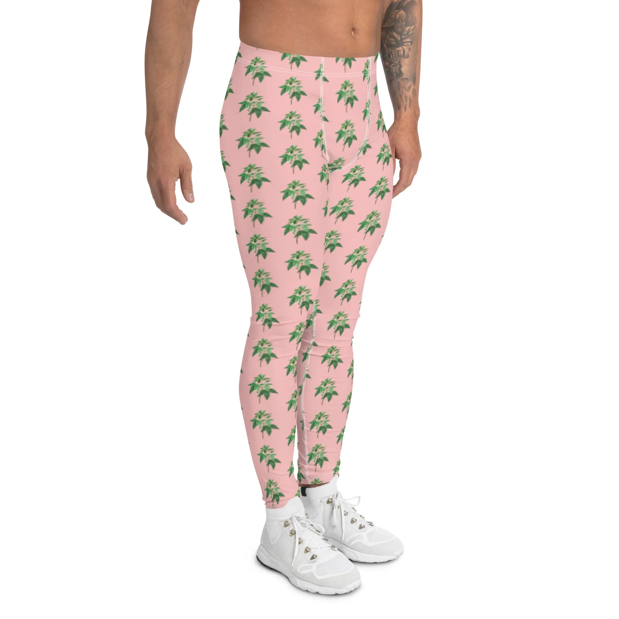 Pink Floral Print Men's Leggings, Flower Meggings Designer Workout Tights-Made in USA/EU/MX