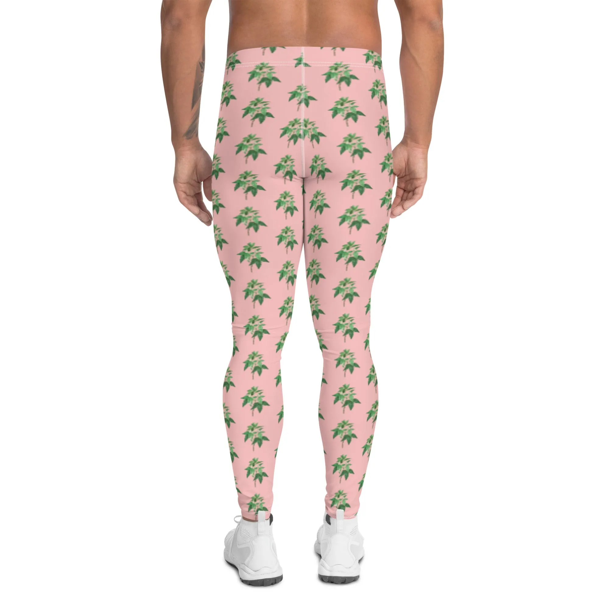 Pink Floral Print Men's Leggings, Flower Meggings Designer Workout Tights-Made in USA/EU/MX