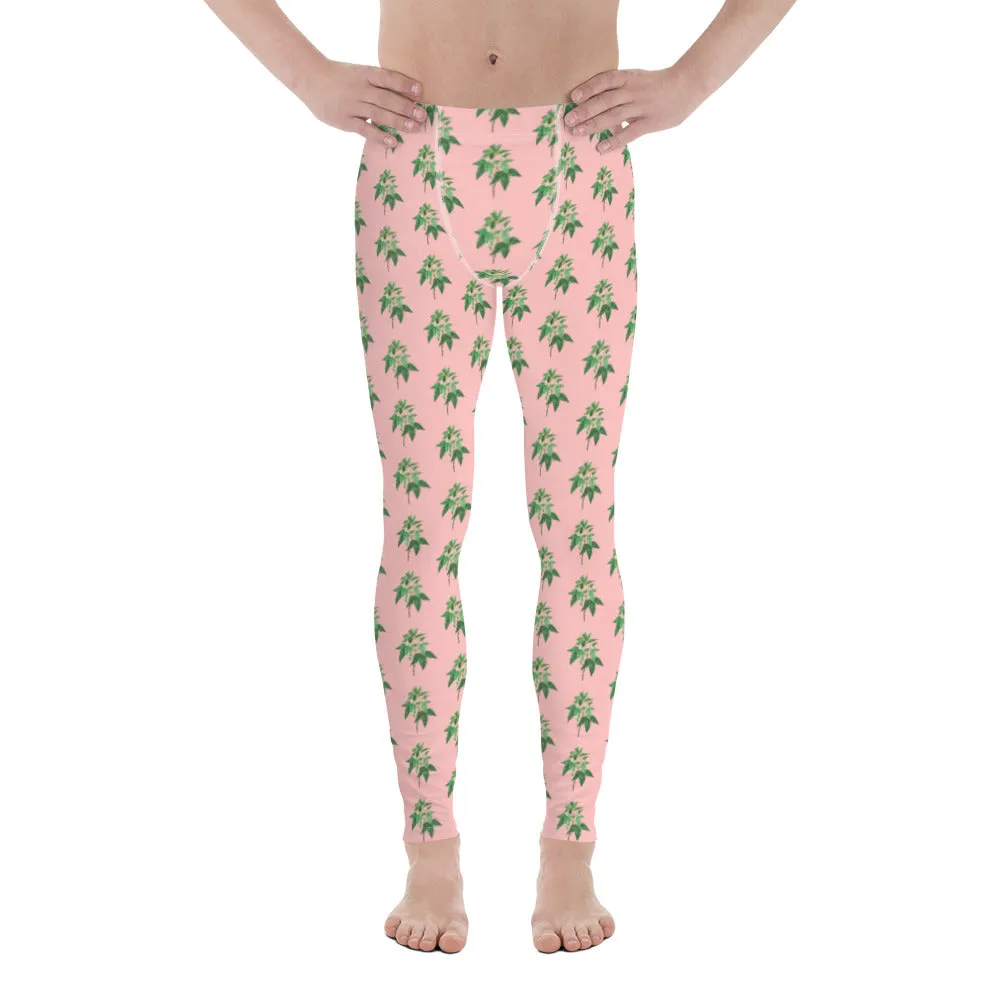 Pink Floral Print Men's Leggings, Flower Meggings Designer Workout Tights-Made in USA/EU/MX