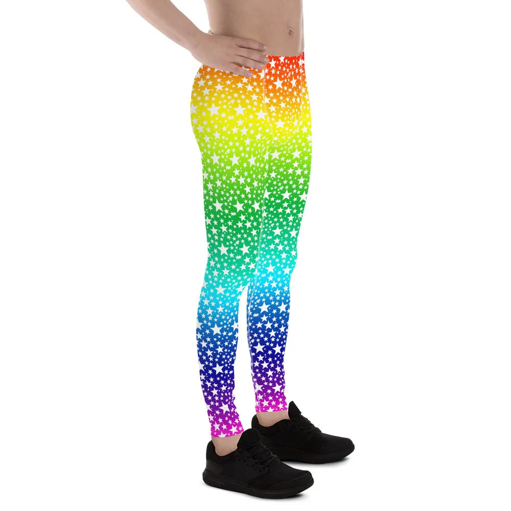 Rainbow White Stars Meggings, Gay Pride Parade Men's Leggings Tights-Made in USA/EU