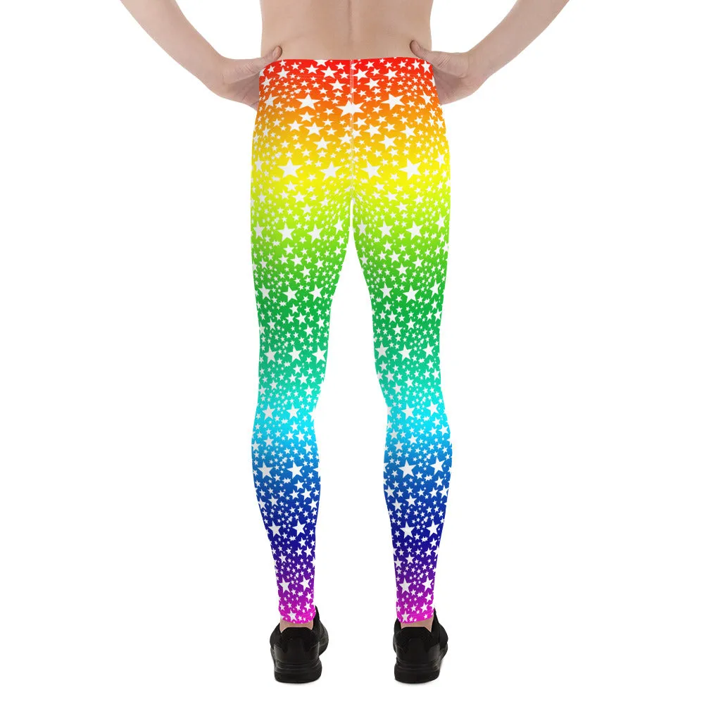 Rainbow White Stars Meggings, Gay Pride Parade Men's Leggings Tights-Made in USA/EU