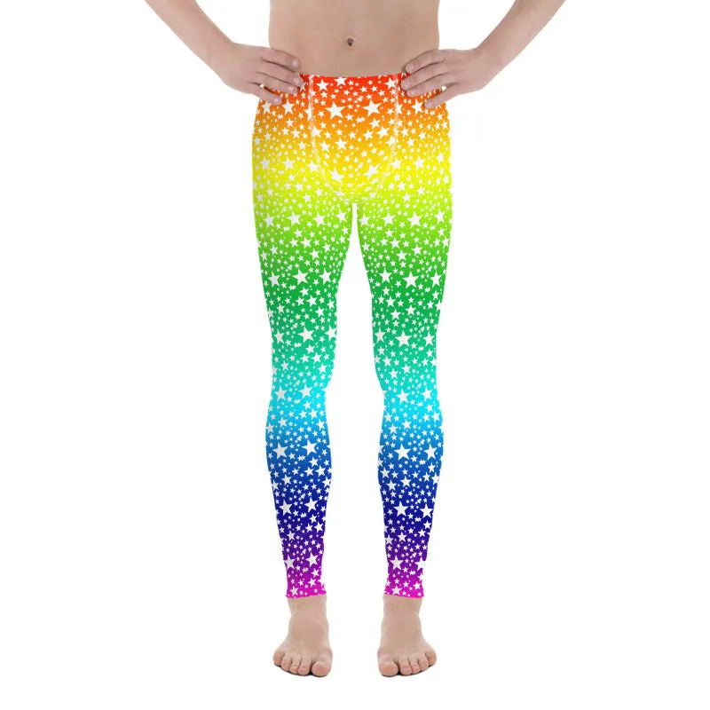 Rainbow White Stars Meggings, Gay Pride Parade Men's Leggings Tights-Made in USA/EU