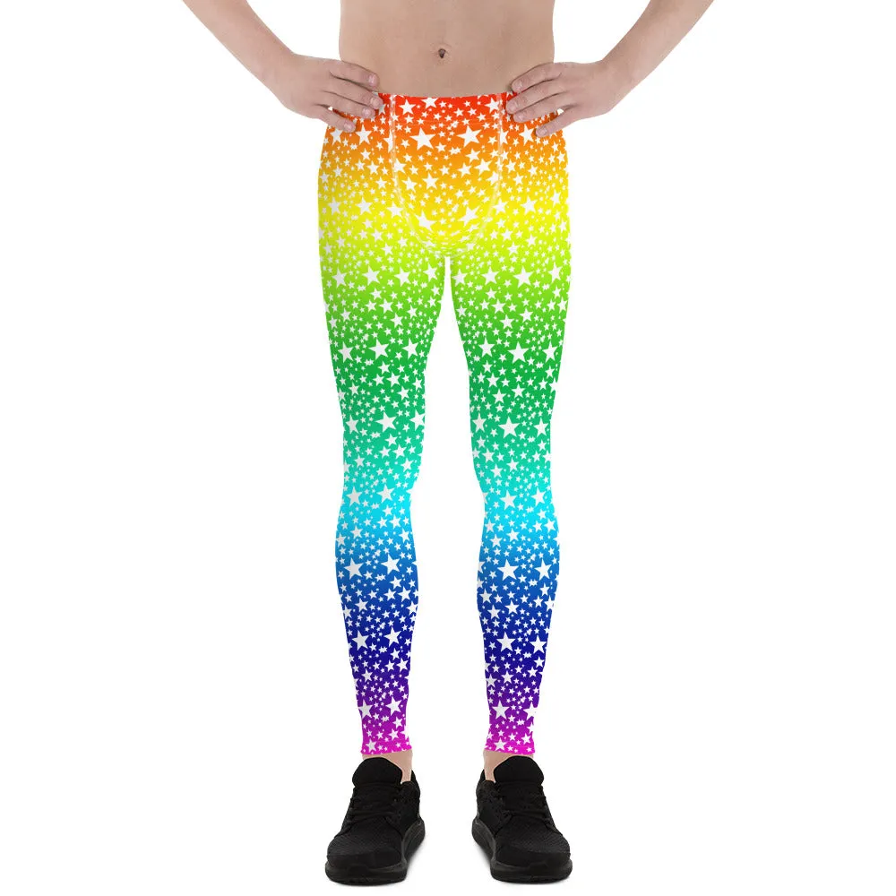 Rainbow White Stars Meggings, Gay Pride Parade Men's Leggings Tights-Made in USA/EU