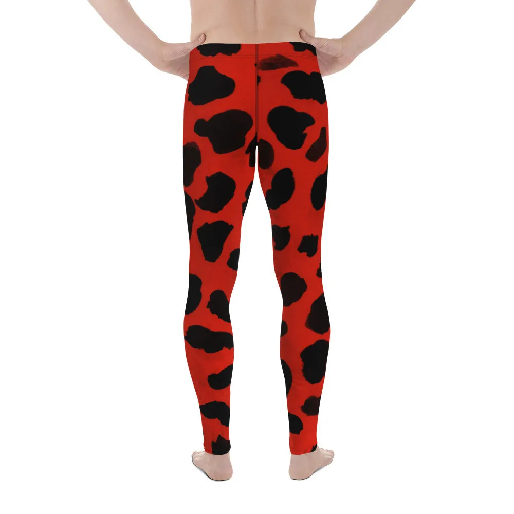 Red Cow Print Meggings, 38-40 UPF Fitted Yoga Pants Long Leggings- Made in USA/EU