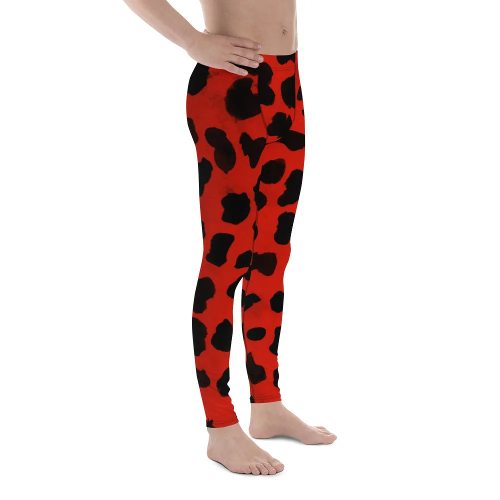 Red Cow Print Meggings, 38-40 UPF Fitted Yoga Pants Long Leggings- Made in USA/EU