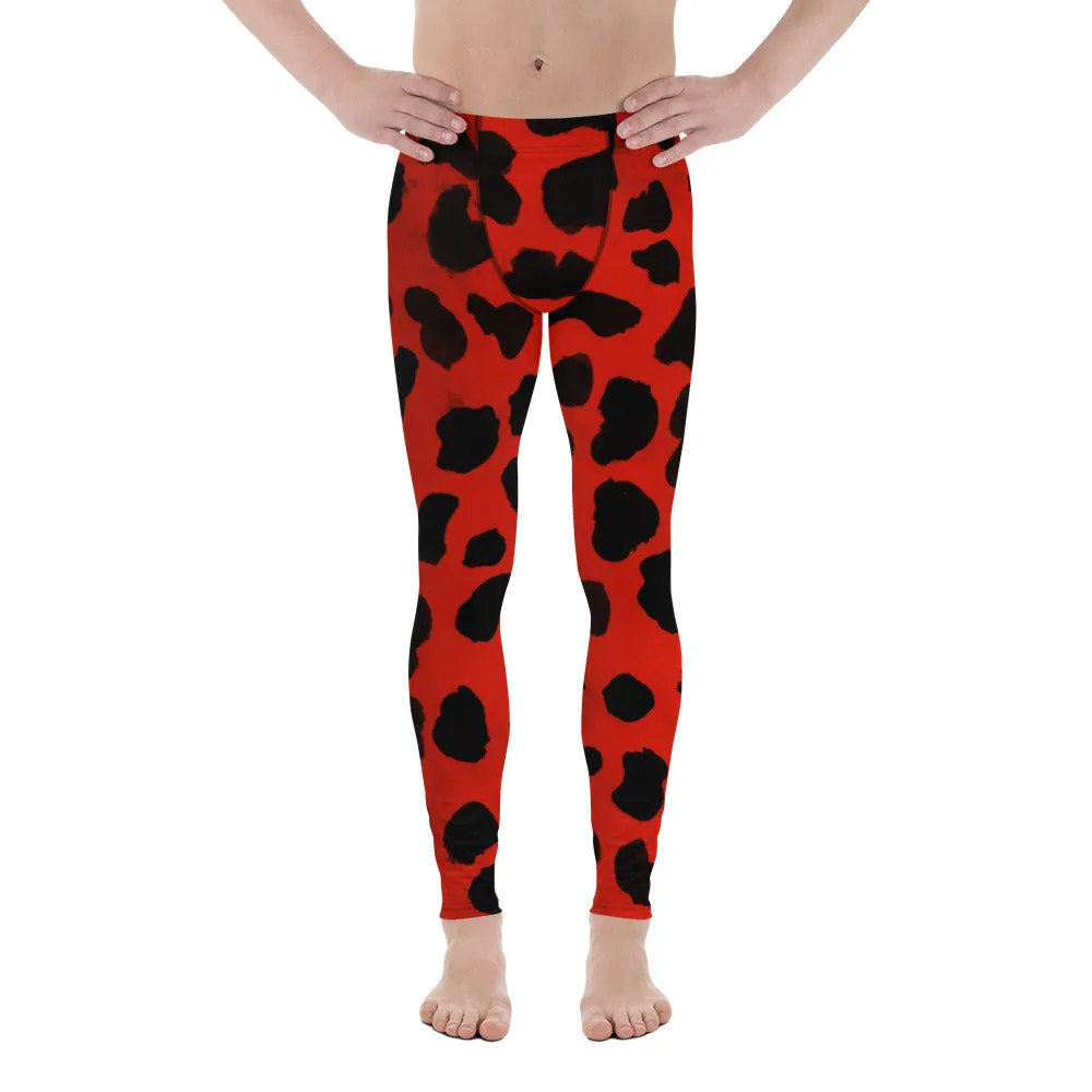 Red Cow Print Meggings, 38-40 UPF Fitted Yoga Pants Long Leggings- Made in USA/EU