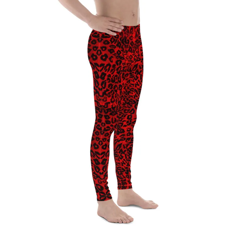 Red Leopard Men's Leggings, Red Leopard Animal Print Meggings Running Men Tights-Made in USA/EU/ MX