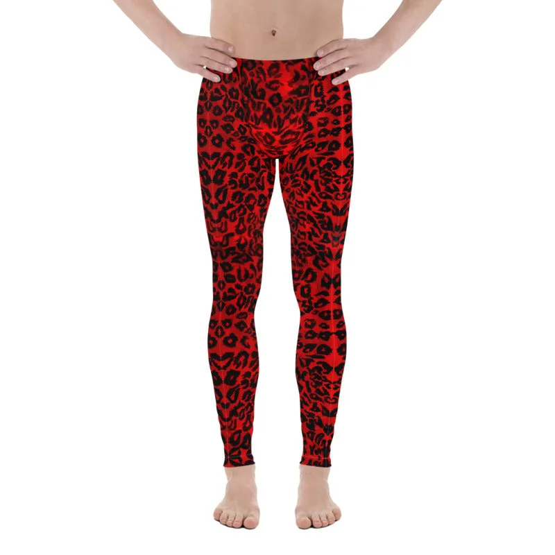 Red Leopard Men's Leggings, Red Leopard Animal Print Meggings Running Men Tights-Made in USA/EU/ MX