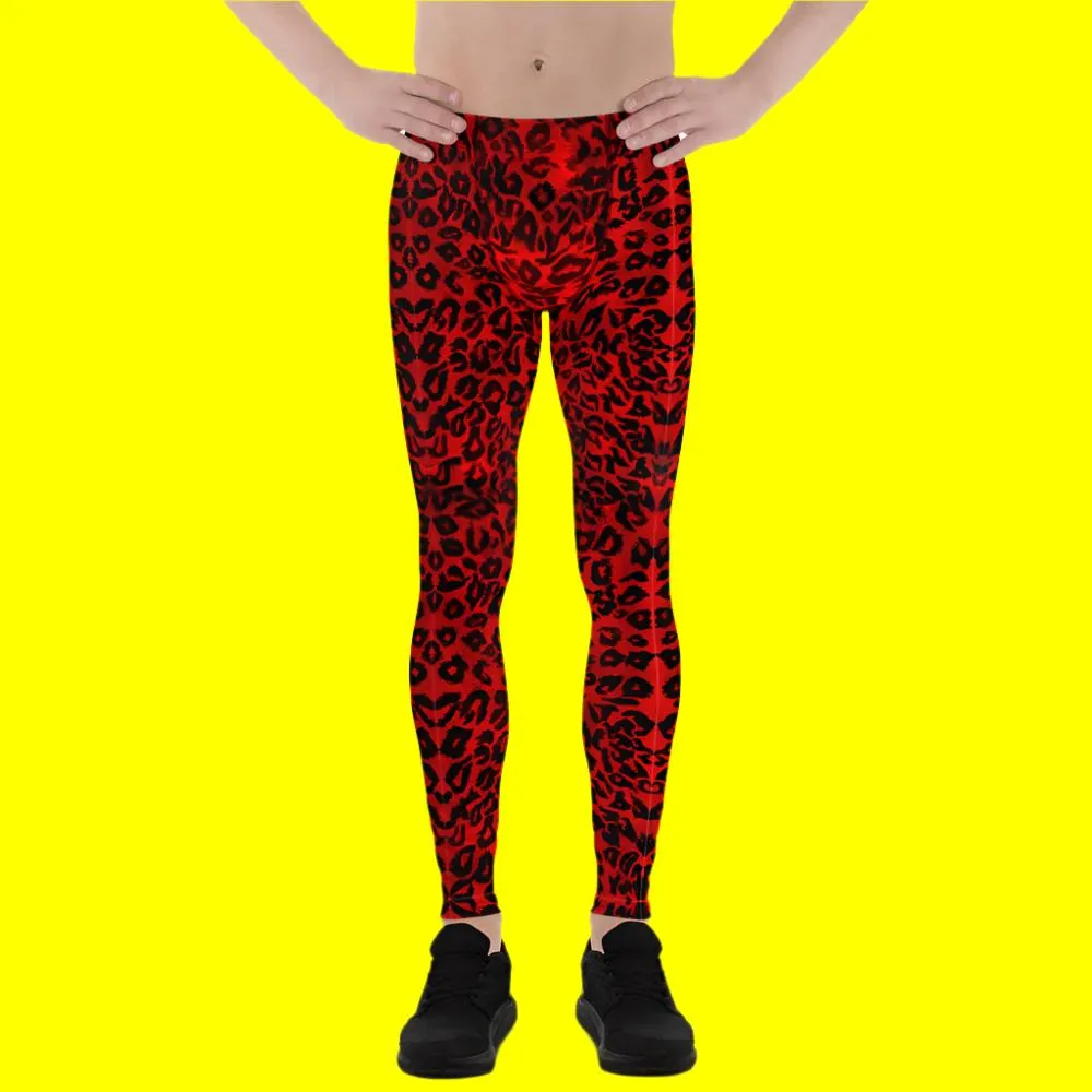 Red Leopard Men's Leggings, Red Leopard Animal Print Meggings Running Men Tights-Made in USA/EU/ MX