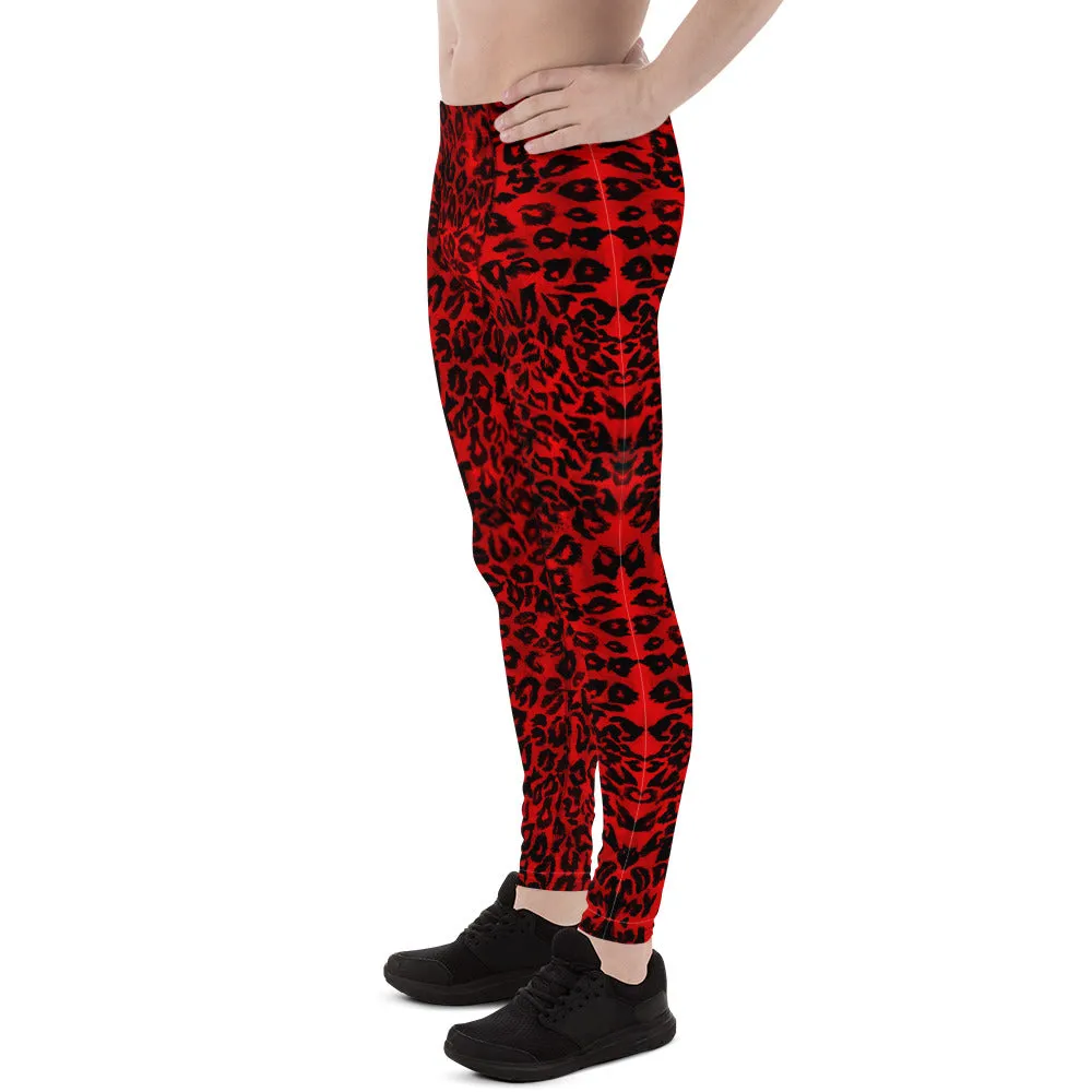 Red Leopard Men's Leggings, Red Leopard Animal Print Meggings Running Men Tights-Made in USA/EU/ MX