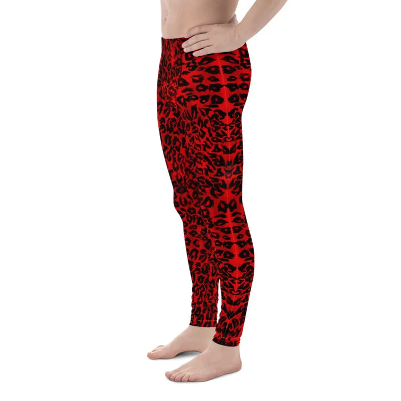 Red Leopard Men's Leggings, Red Leopard Animal Print Meggings Running Men Tights-Made in USA/EU/ MX