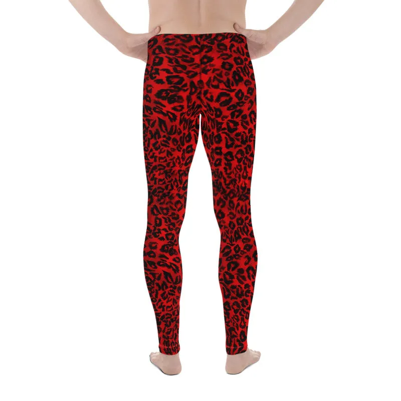 Red Leopard Men's Leggings, Red Leopard Animal Print Meggings Running Men Tights-Made in USA/EU/ MX