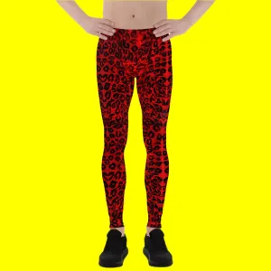 Red Leopard Men's Leggings, Red Leopard Animal Print Meggings Running Men Tights-Made in USA/EU/ MX