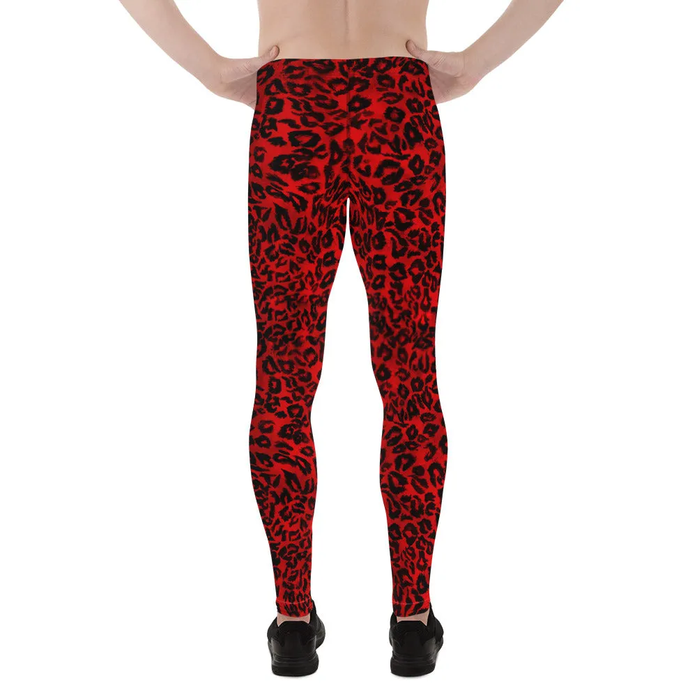 Red Leopard Men's Leggings, Red Leopard Animal Print Meggings Running Men Tights-Made in USA/EU/ MX