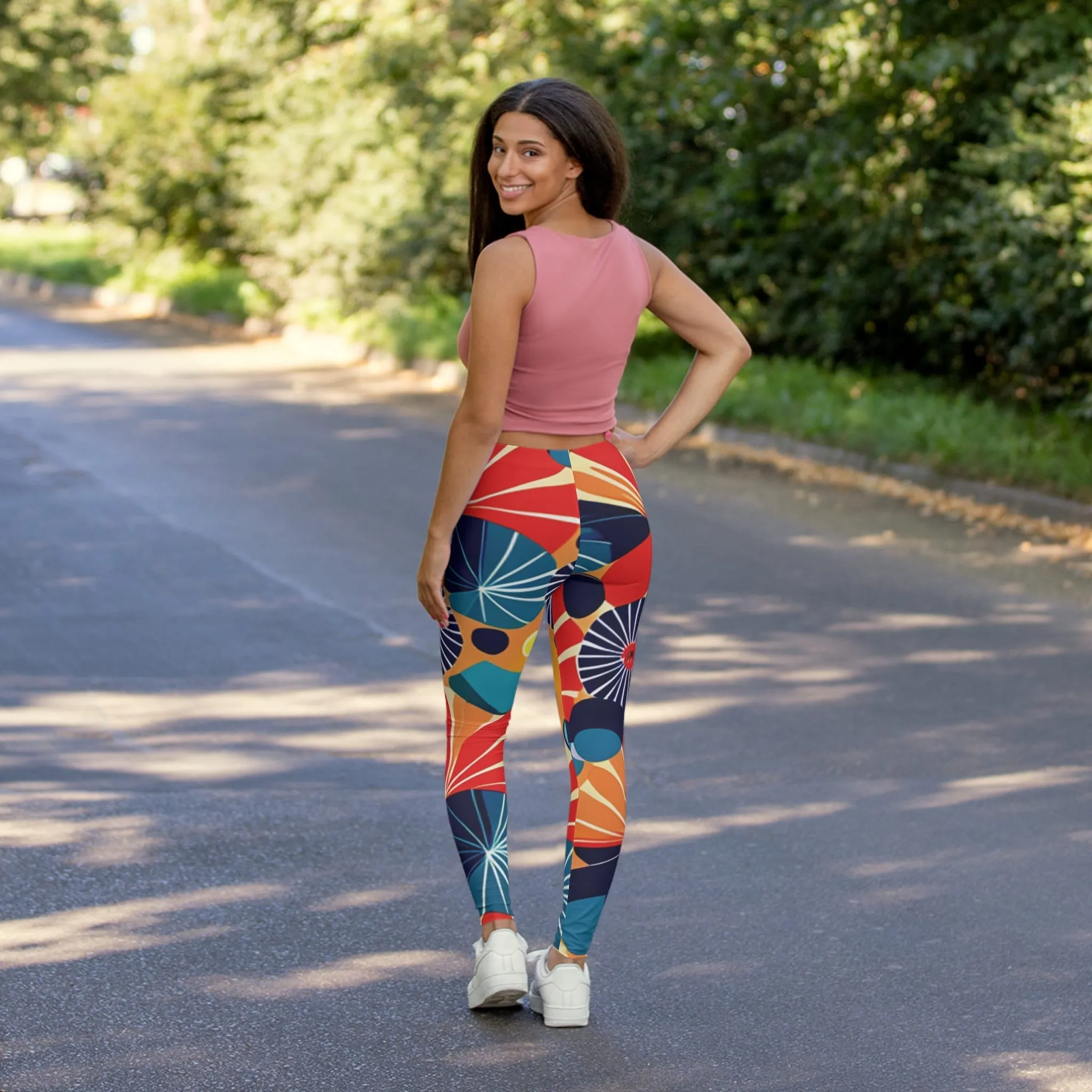 Retro Geometric Pattern Leggings - Stretchy Skinny Fit with Bold Mid-Century Colors