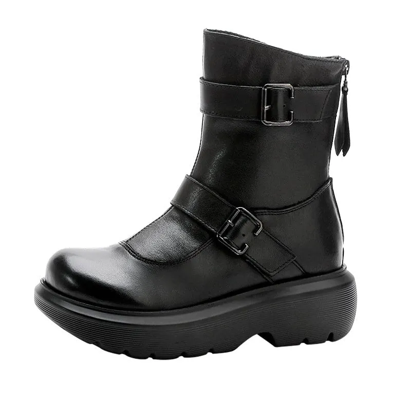 Retro Leather Thick Heel Mid-tube Buckle Black Boots