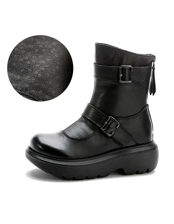 Retro Leather Thick Heel Mid-tube Buckle Black Boots