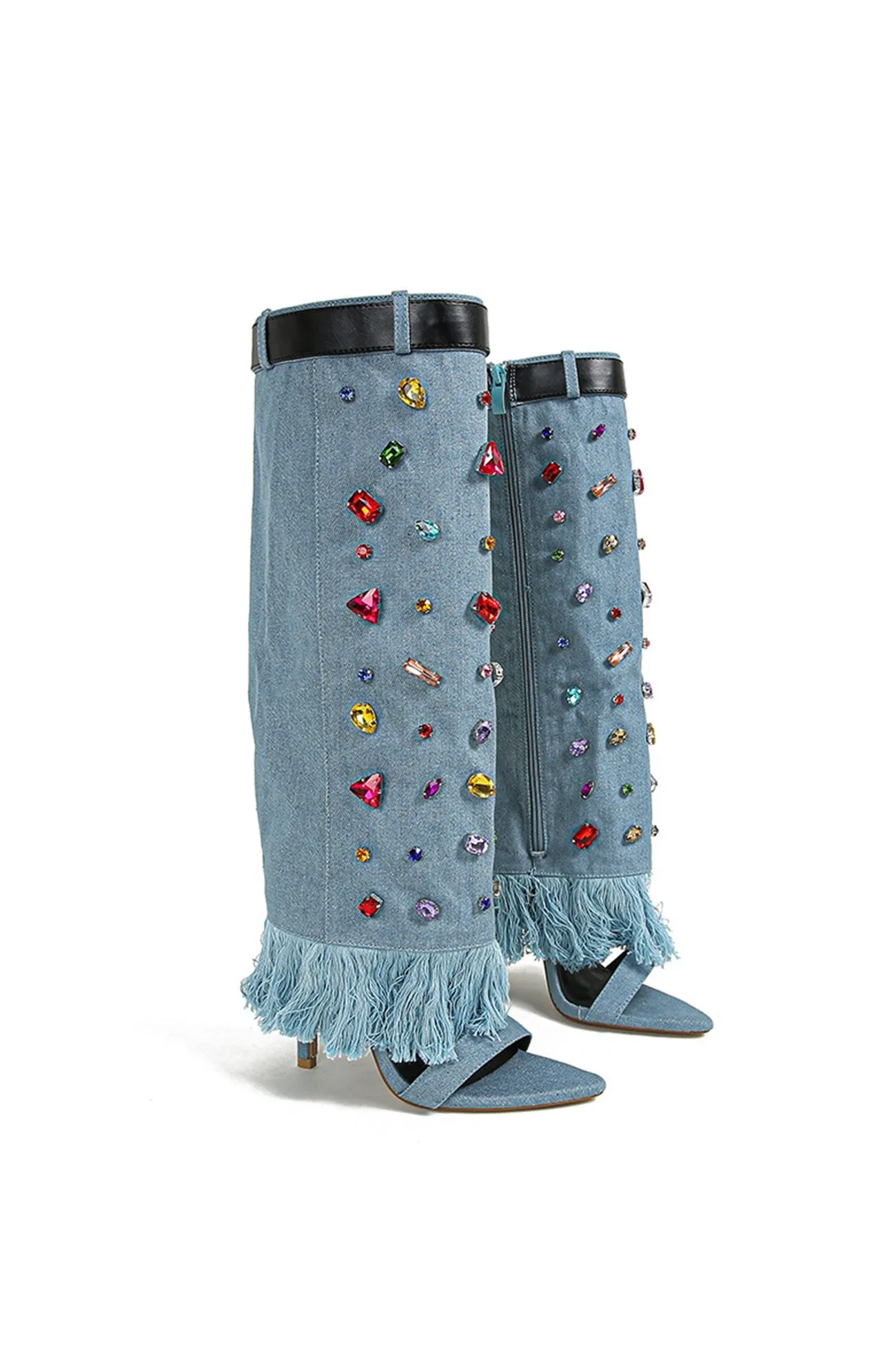 Rhinestone Denim High Heel Pointed Toe Boots