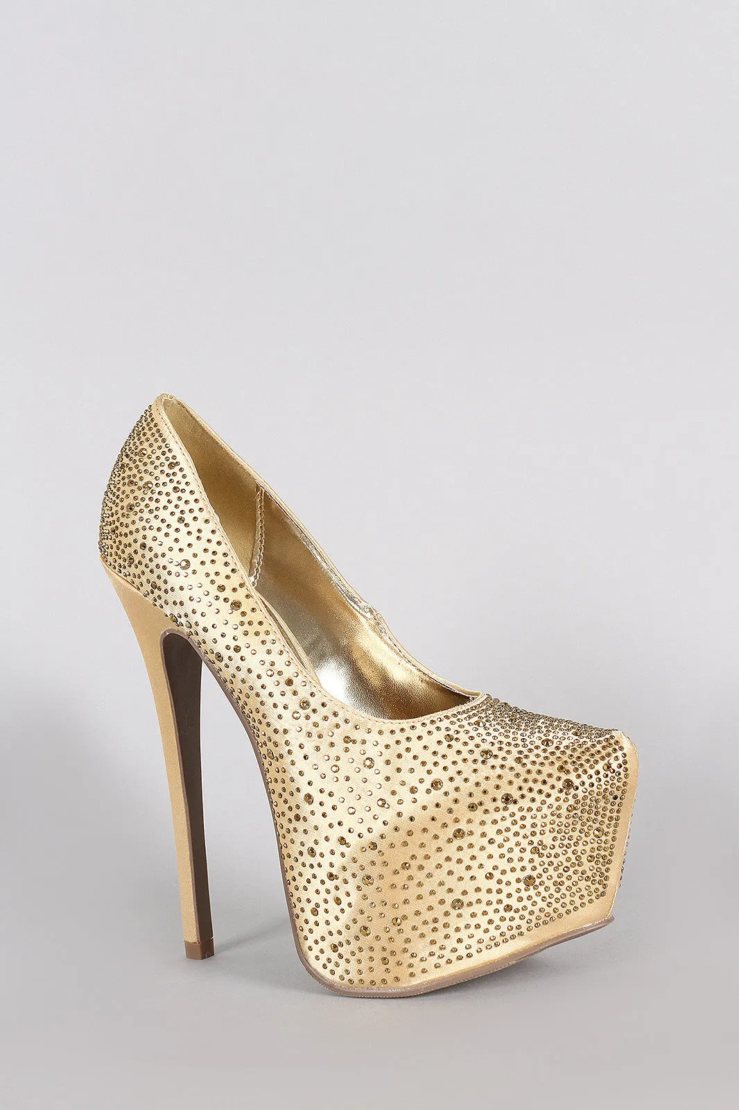 Satin Rhinestone Almond Toe Platform Stiletto Pump