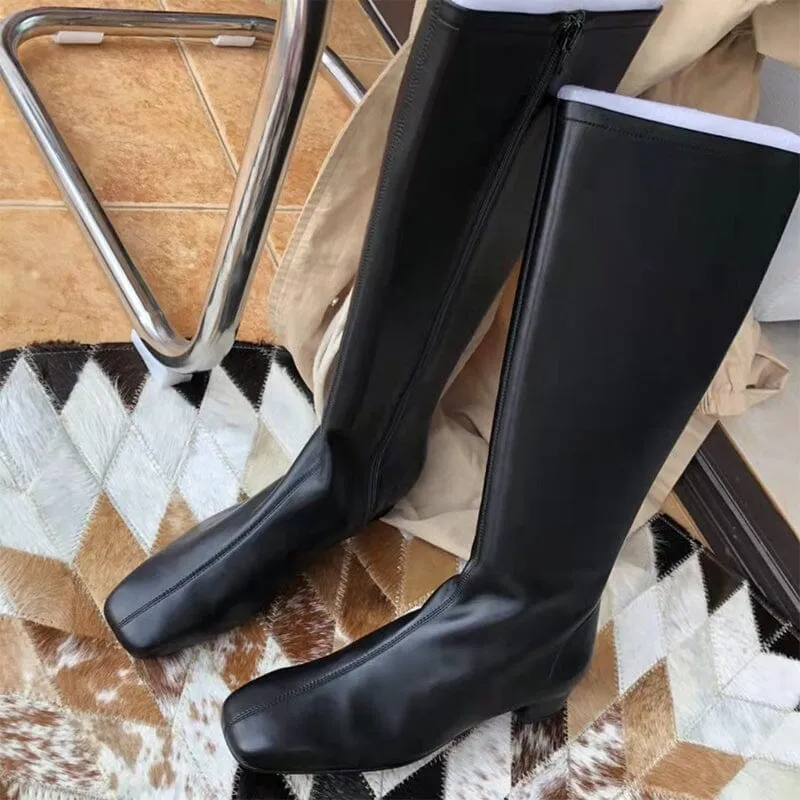 Sheepskin Riding Boots for Women in Black/White/Coffee Leather - Low Heel Tall Boots Slimming Boots