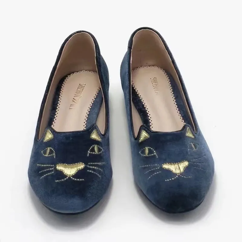 Sohiwoo Gentle evening breeze, same style as small chili peppers, embroidered cat single shoes, fairy shoes, flat bottomed ballet shoes