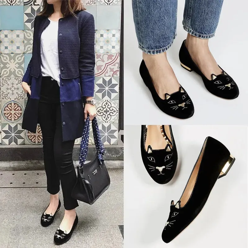 Sohiwoo Gentle evening breeze, same style as small chili peppers, embroidered cat single shoes, fairy shoes, flat bottomed ballet shoes