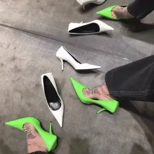 Sohiwoo Pointed New Fluorescent Green Sexy Thin Heels Versatile White High Heels Shallow Mouth Thin Heels Women's Single Shoes