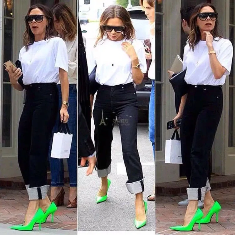 Sohiwoo Pointed New Fluorescent Green Sexy Thin Heels Versatile White High Heels Shallow Mouth Thin Heels Women's Single Shoes