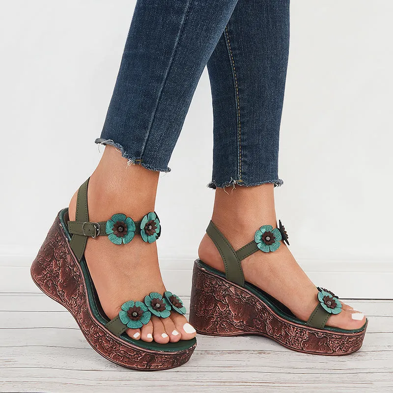 Sohiwoo  Retro Floral Platform High Wedges Open Toe Ankle Strap Sandals