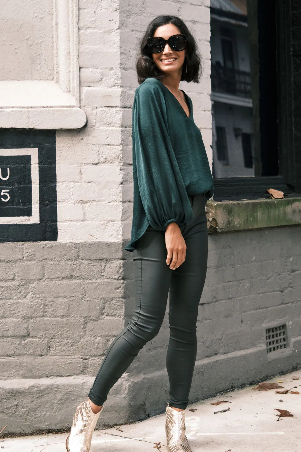 Sovana V-Neck Long Sleeve Top Forest Green