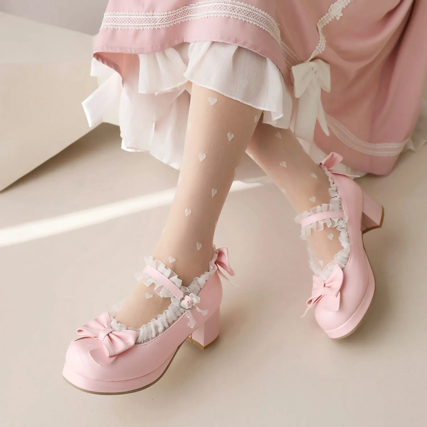 Sweet Lolita Shoes Pink Bows Chunky Heel Pumps