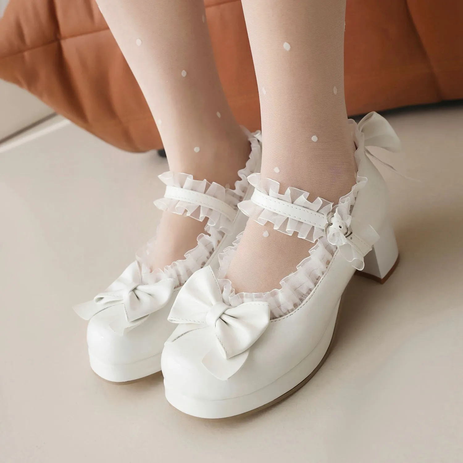 Sweet Lolita Shoes Pink Bows Chunky Heel Pumps