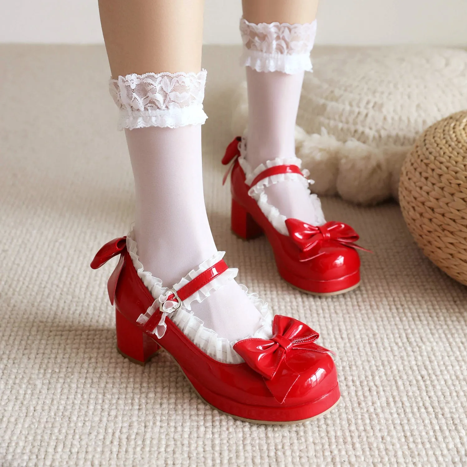 Sweet Lolita Shoes Pink Bows Chunky Heel Pumps