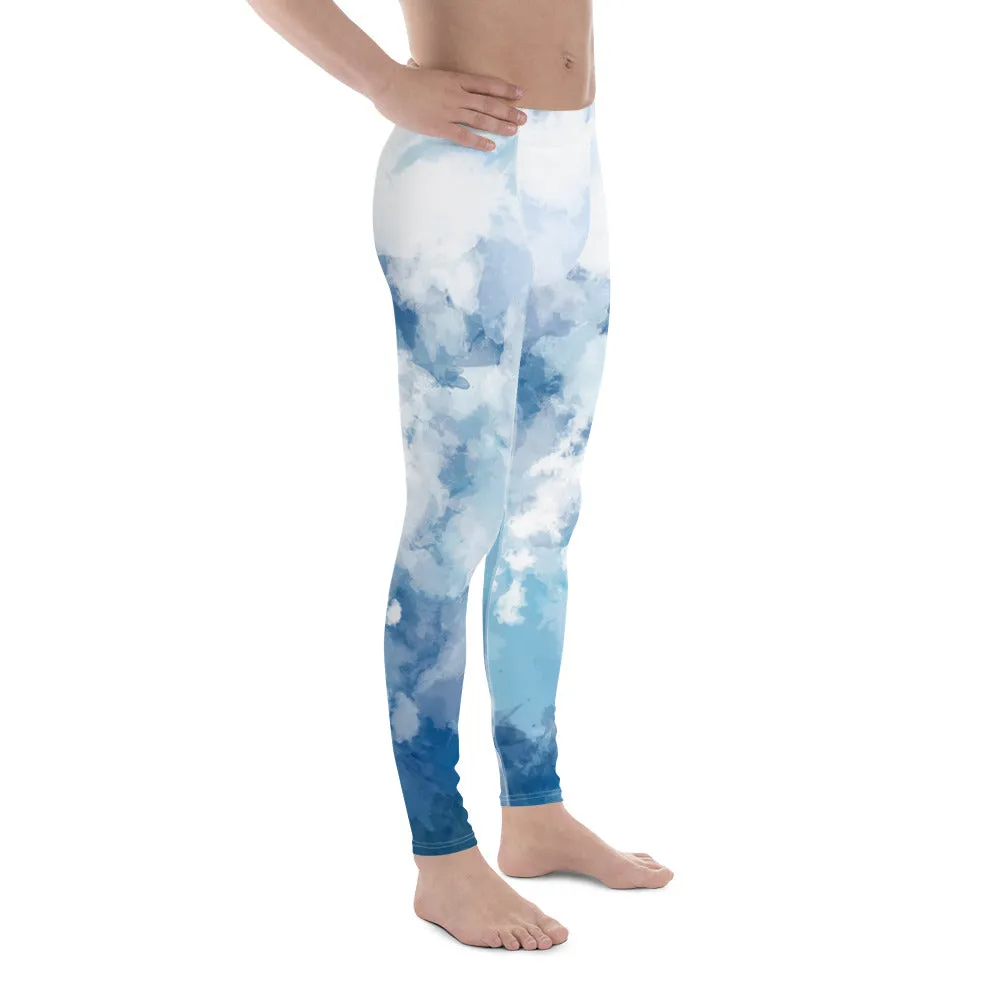 Tie Dye Blue Meggings, Clouds Abstract Print Men's Workout Gym Tights-Made in USA/EU