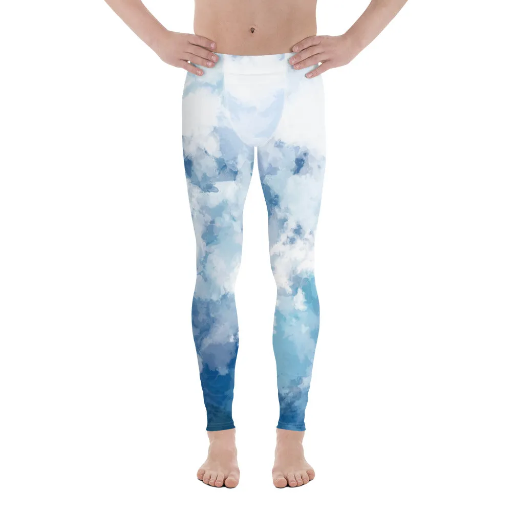 Tie Dye Blue Meggings, Clouds Abstract Print Men's Workout Gym Tights-Made in USA/EU