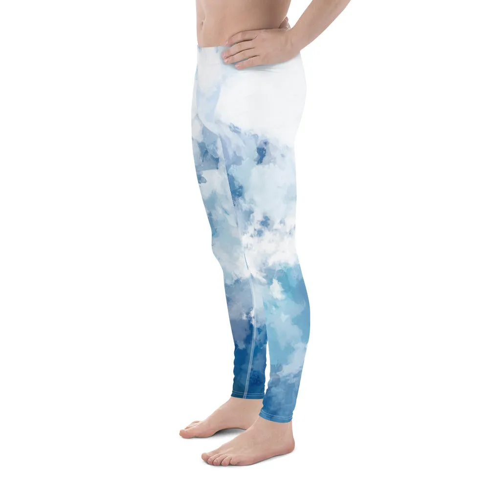 Tie Dye Blue Meggings, Clouds Abstract Print Men's Workout Gym Tights-Made in USA/EU