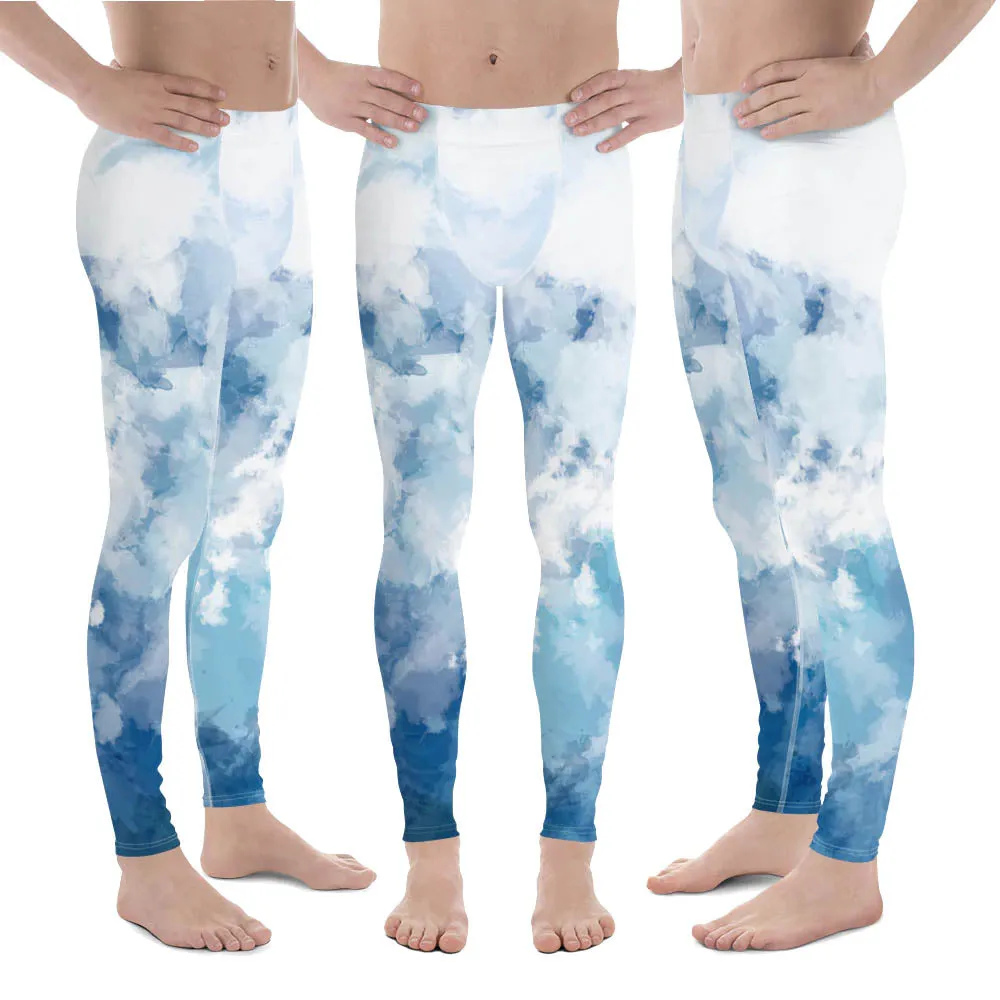 Tie Dye Blue Meggings, Clouds Abstract Print Men's Workout Gym Tights-Made in USA/EU