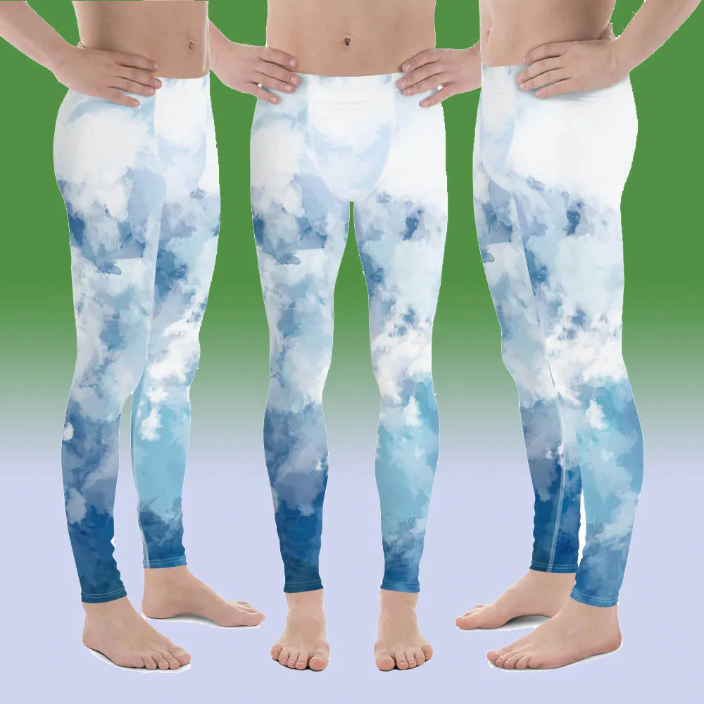 Tie Dye Blue Meggings, Clouds Abstract Print Men's Workout Gym Tights-Made in USA/EU