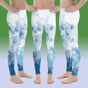 Tie Dye Blue Meggings, Clouds Abstract Print Men's Workout Gym Tights-Made in USA/EU