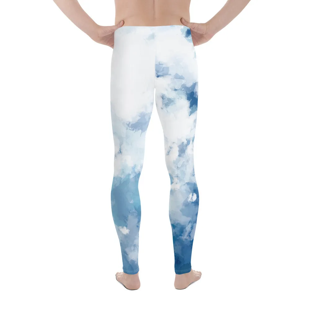 Tie Dye Blue Meggings, Clouds Abstract Print Men's Workout Gym Tights-Made in USA/EU