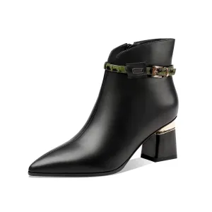 TinaCus Genuine Leather Women's Handmade Side Zip Up Green Belt Design Chunky Heel Black Ankle Booties