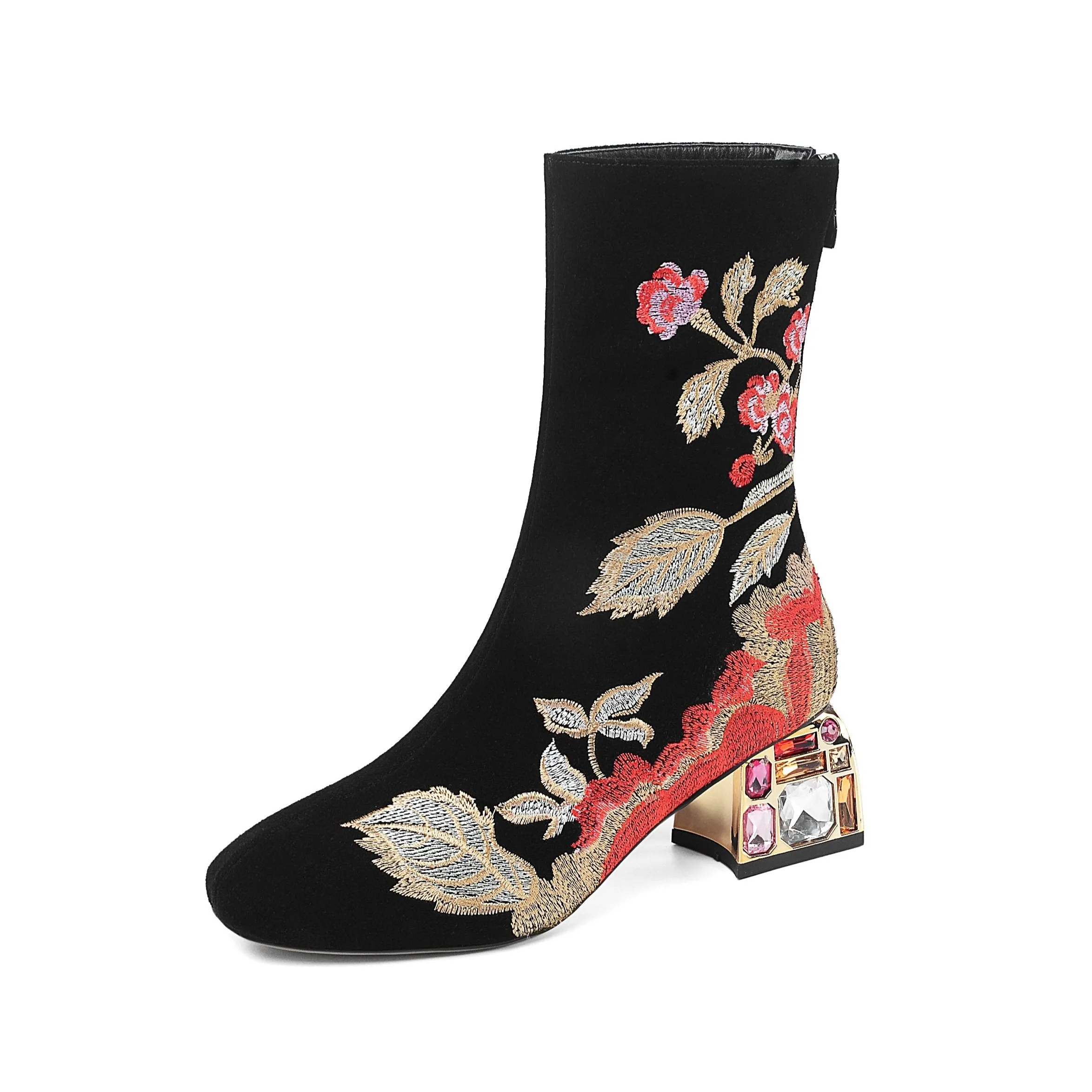 TinaCus Handmade Women's Suede Leather Ethnic Floral Embroidered Round Toe Mid Chunky Rhinestone Heel Back Zipper Mid-Calf Boots