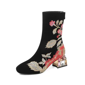 TinaCus Handmade Women's Suede Leather Ethnic Floral Embroidered Round Toe Mid Chunky Rhinestone Heel Back Zipper Mid-Calf Boots