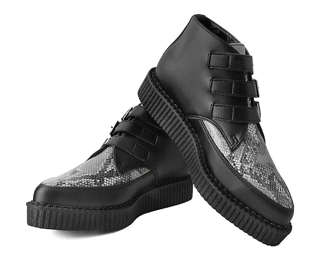 T.U.K BLACK/GREY SNAKE 3 BUCKLE POINTED CREEPER BOOT