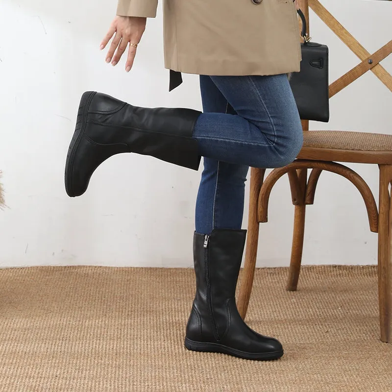 Wide Fit Leather Side Zip Calf Length Boots For Winter Designer Shoes Exquisite Suture Black